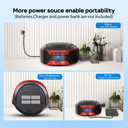 Bluetooth CD Player Boombox with FM Radio, Portable CD Boombox with AUX USB Playback, Earphone Jack
