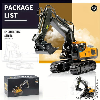 RC Excavator Toy 1:24 Scale 2.4GHz 9-Channel Remote Control with Alloy Metal Cap Lights & Sound Rechargeable Battery