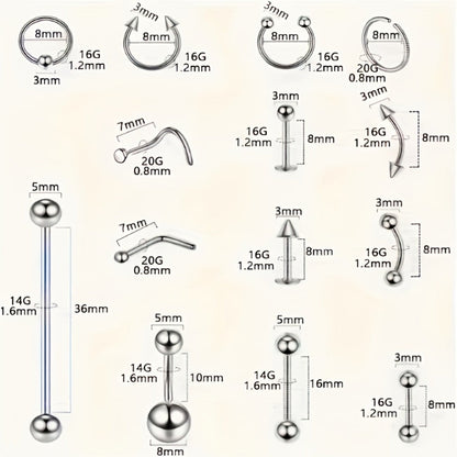 Piercing Kit Professional Stainless Steel Body Piercing Set with Needles Clamps & Tools for Bath Time, Home Spa and Personal Care
