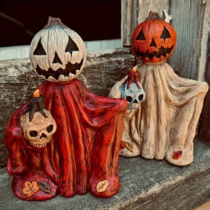 Halloween Pumpkin Wizard Resin Figurine 2-Pack, Spooky Desktop Ornament & Bookshelf Decor for Entryways, Bedrooms and Living Spaces