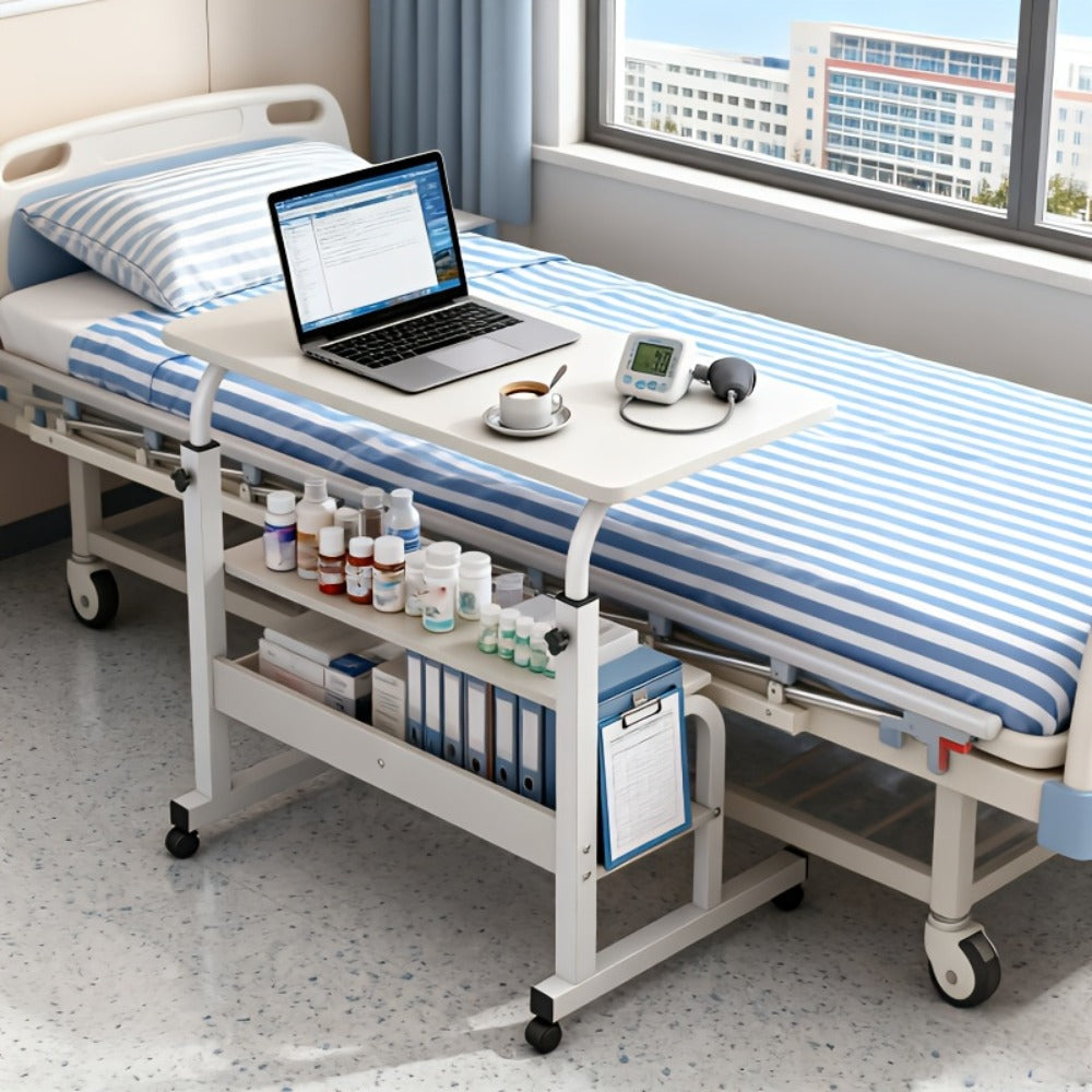 Adjustable Overbed Table with Rolling Shelf Frame and Six Color Checkout Options from Burlap to Deep Glacier