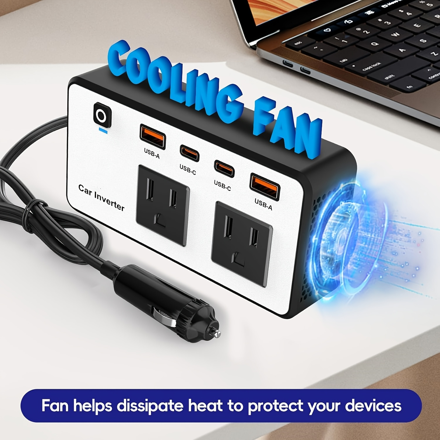 Car Inverter 200W DC 12V to AC 110V with Dual AC Outlets 24W USB-C Fast Charging 4 USB Ports Portable for Garden, Patio and Yard Use