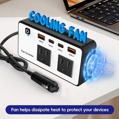 Car Inverter 200W DC 12V to AC 110V with Dual AC Outlets 24W USB-C Fast Charging 4 USB Ports Portable for Garden, Patio and Yard Use
