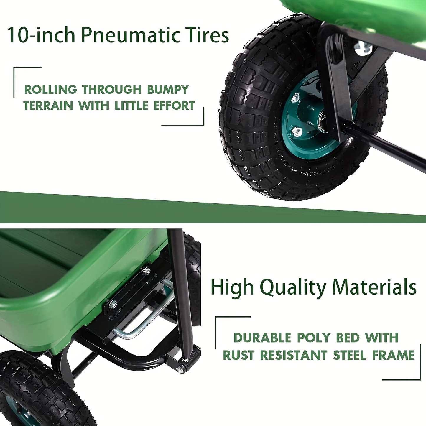 Garden Cart Steel Yard Wagon Dump Cart with 10 Inch Pneumatic Tires Utility Cart for Lawn Farm Gardening Green
