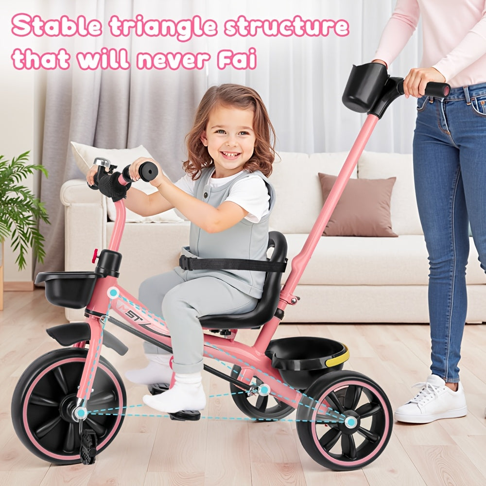 Push Handle Tricycle for Toddlers Girls Pink, 3 Wheel Trike Ages 18-60 Months with Padded Backrest