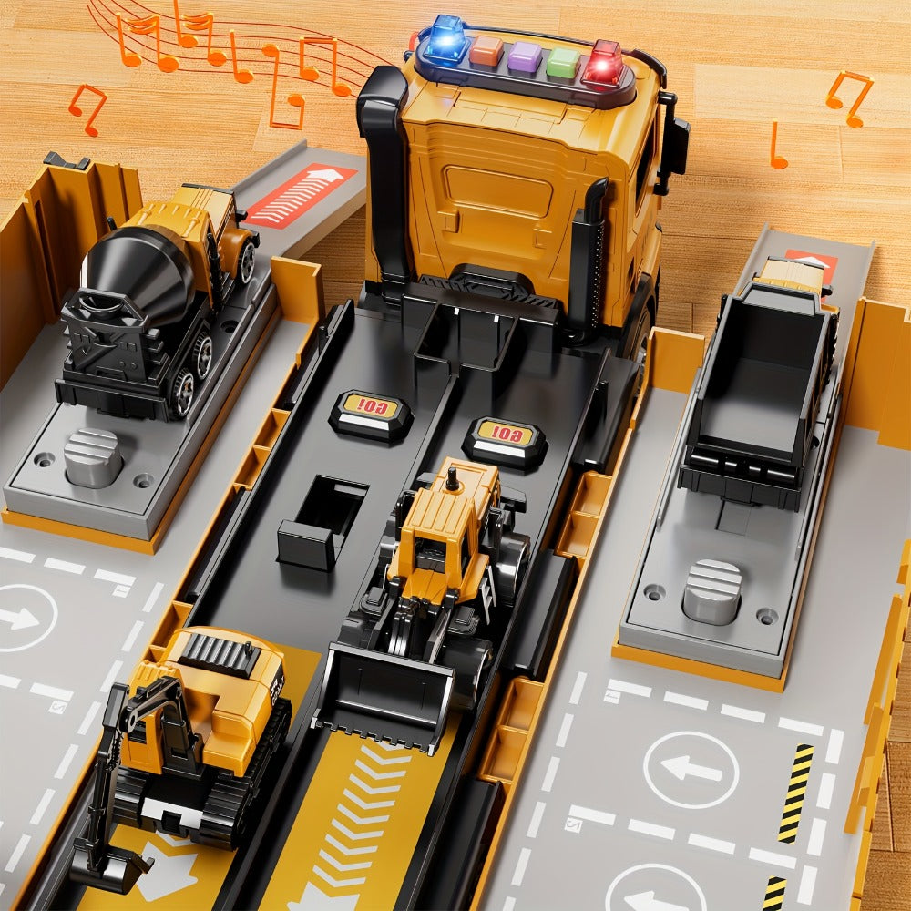 Construction Vehicle Container Truck Toy Set with Crane & Foldable Double Race Track, 4 Alloy Trucks