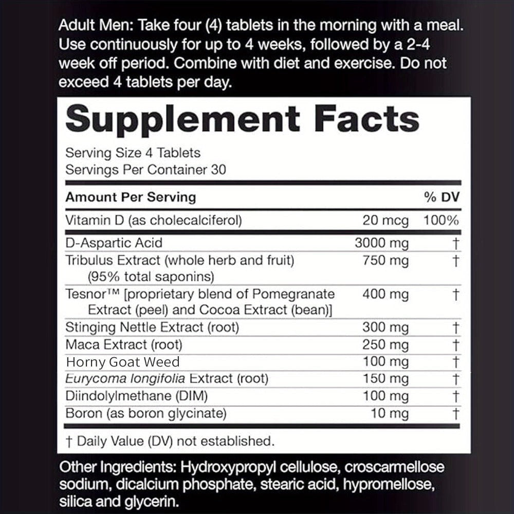 Testosterone Support Supplement with D-Aspartic Acid, Horny Goat Weed, Tribulus & Maca, Mood, Health & Vitality Booster for Men