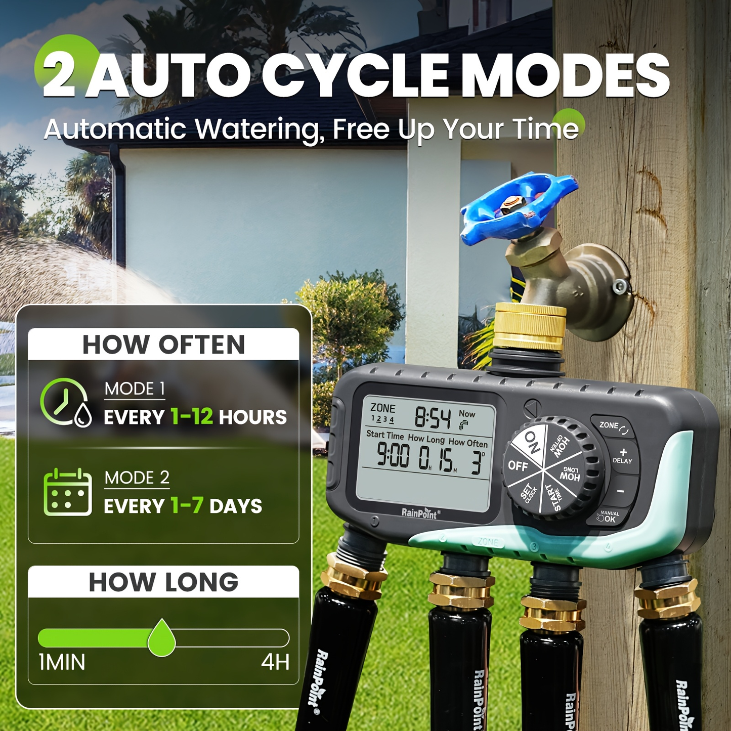 Garden Irrigation System 4-Zone, Automatic Watering Controller with Brass Head, Manual & Rain Delay Modes