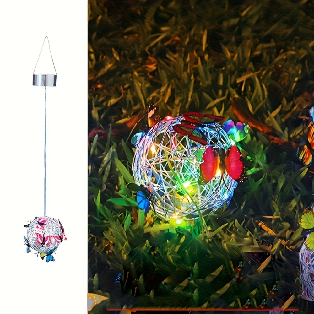 Solar Butterfly Lantern Outdoor Metal Iron Hanging Solar Light, Auto On at Dusk, White & Color Light
