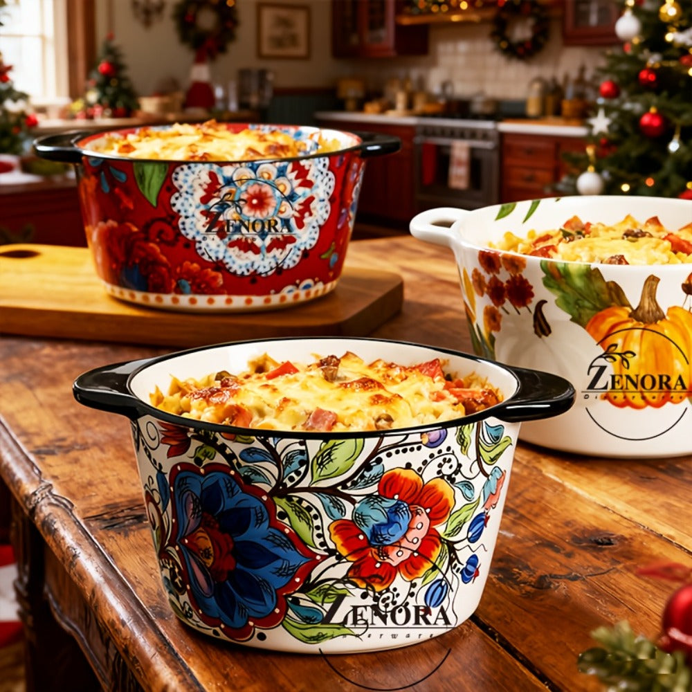 Giant Ceramic Extra-Deep Serving Bowl With Handles, 101oz, Bohemian Hand-Painted, Chip-Resistant