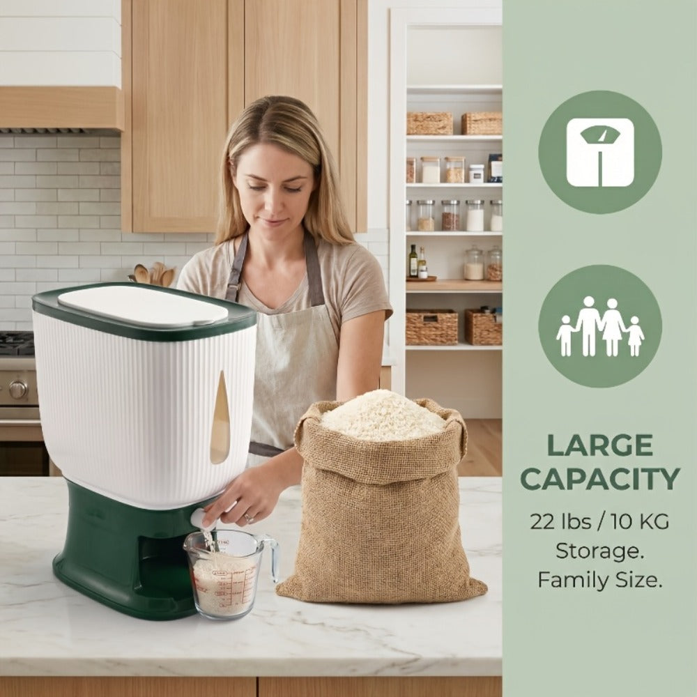 Rice Dispenser with Measuring Cup, Large 6-Chamber Sealed Grain Storage Container, Transparent Window