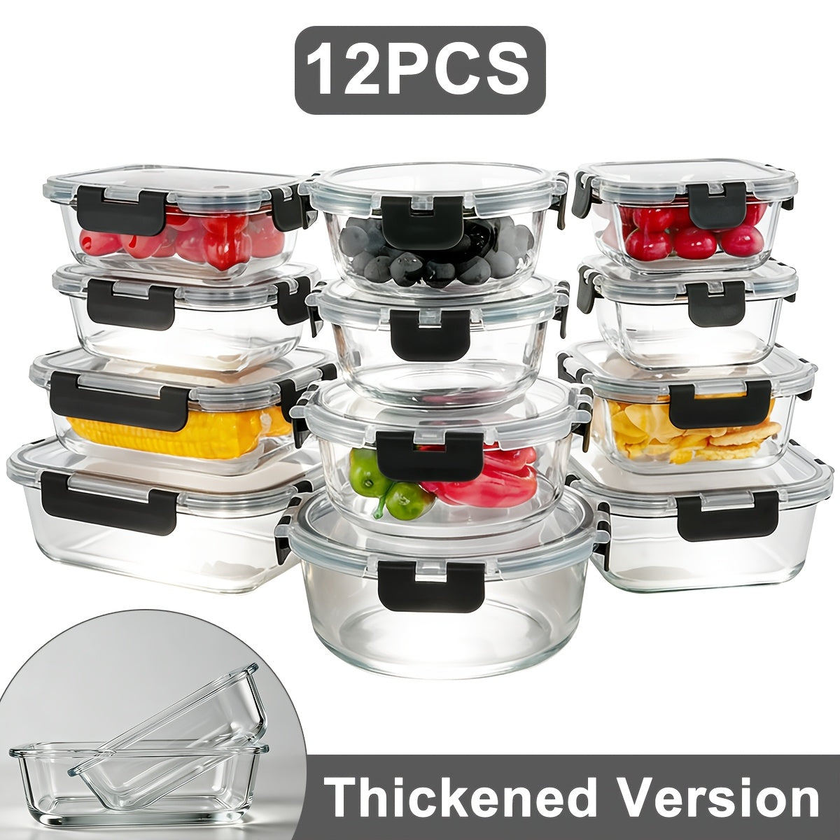 Food Storage Containers 12-Piece Glass Set with Clip-On Lids for Meal Prep and Pantry Organization