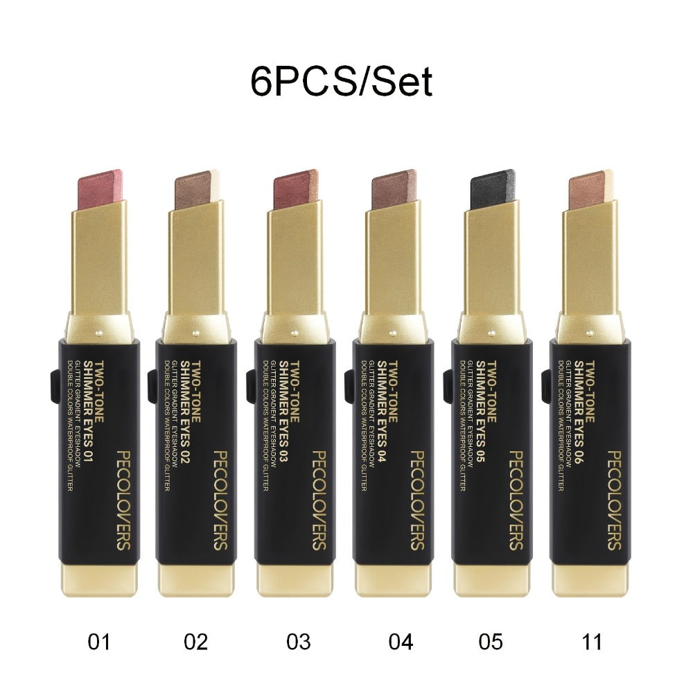 Glitter Eyeshadow Stick Pencil Set 6pcs Double Color Gradient Shimmer Metallic Waterproof, for Makeup, Travel and Everyday Vanity Use