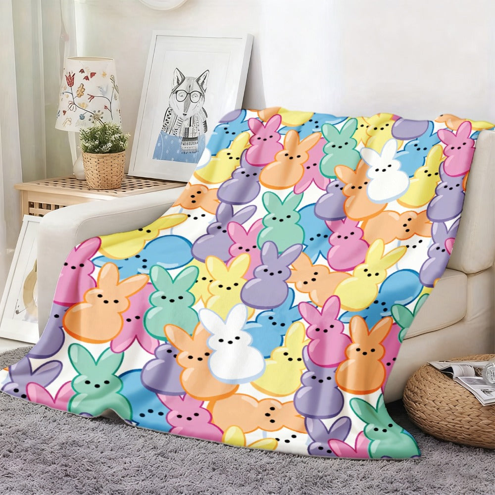 Pastel Rabbit Print Throw Blanket with Repeating Multicolor Bunny Design in Four Rectangular Size Options