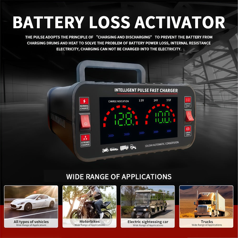Car Battery Charger 12V/24V with LCD Display – Fast Charging Portable Maintainer for Cars, Trucks, RVs & Motorcycles, Overcharge Protection