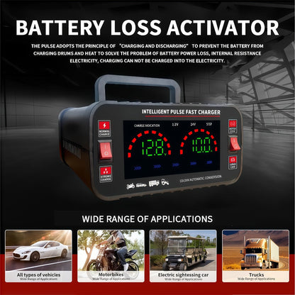 Car Battery Charger 12V/24V with LCD Display – Fast Charging Portable Maintainer for Cars, Trucks, RVs & Motorcycles, Overcharge Protection