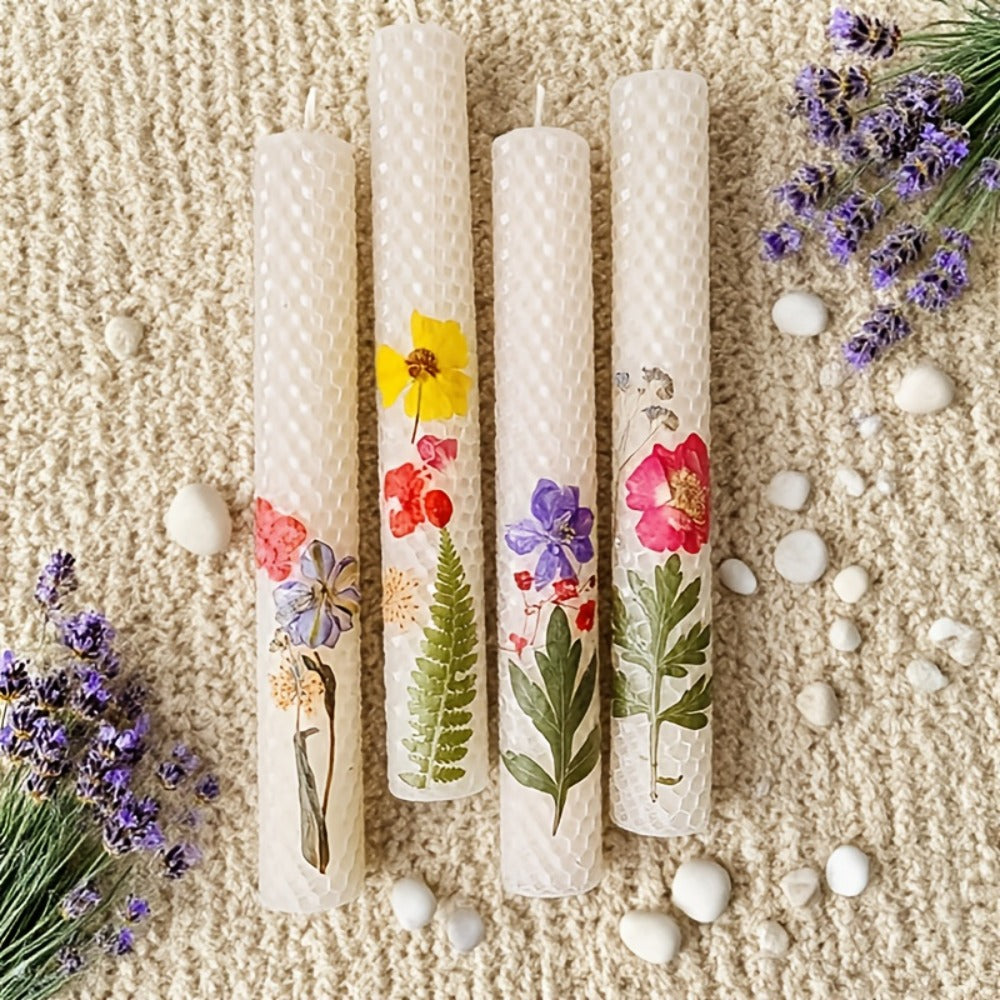 Floral Cone Candle Holders Set of 4, 10-Inch Decorative Beeswax Taper Candles for Holiday Parties