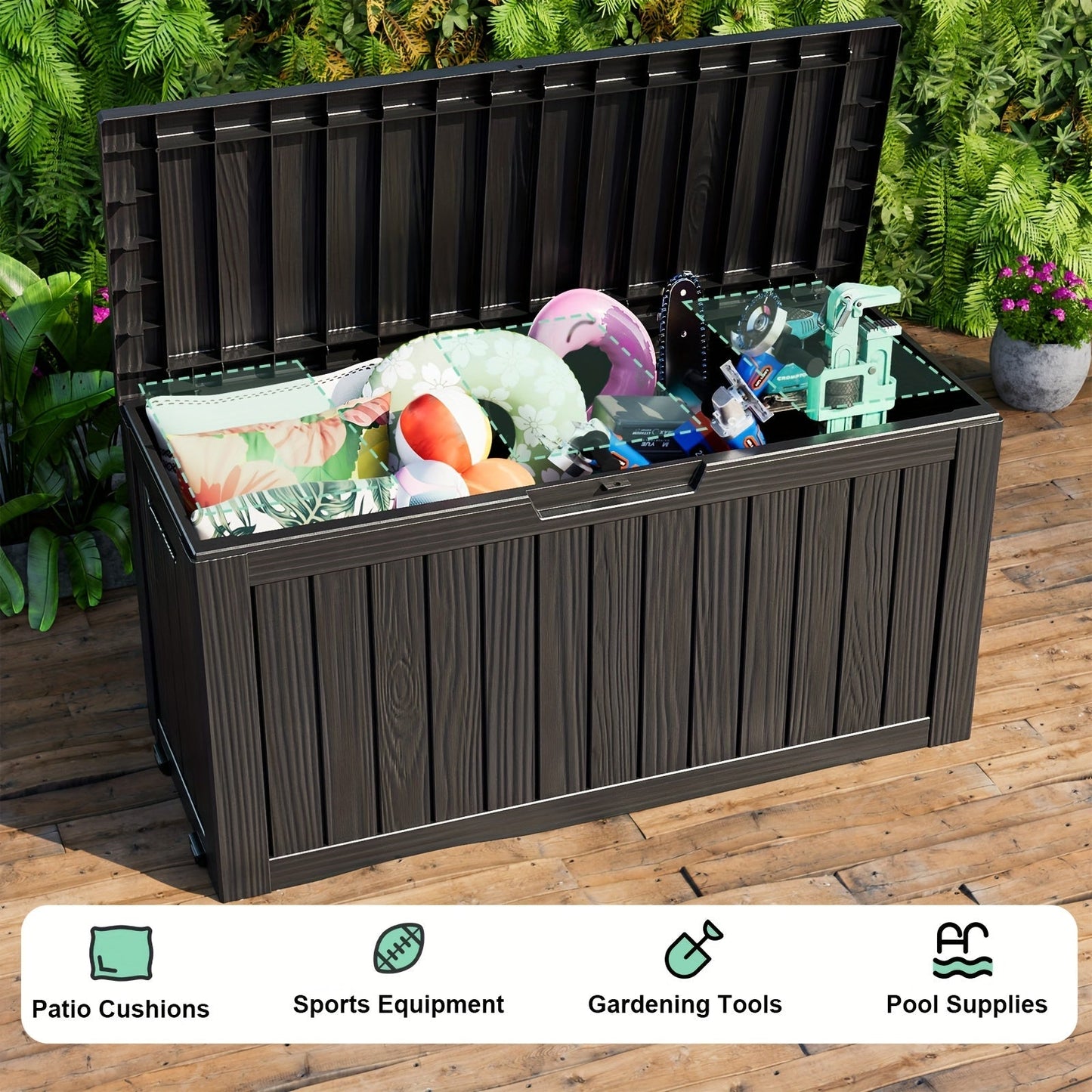 75-Gallon Outdoor Storage Deck Box with Hinged Lid, Side Grips, Small Wheels and Two Color Options