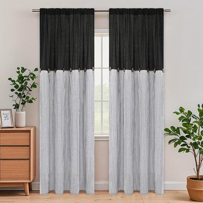 Semi Sheer Curtains Bohemian Linen Cotton Patchwork Grommet Top Window Drapes for Bedroom Living Room Kitchen Bathroom Cafe