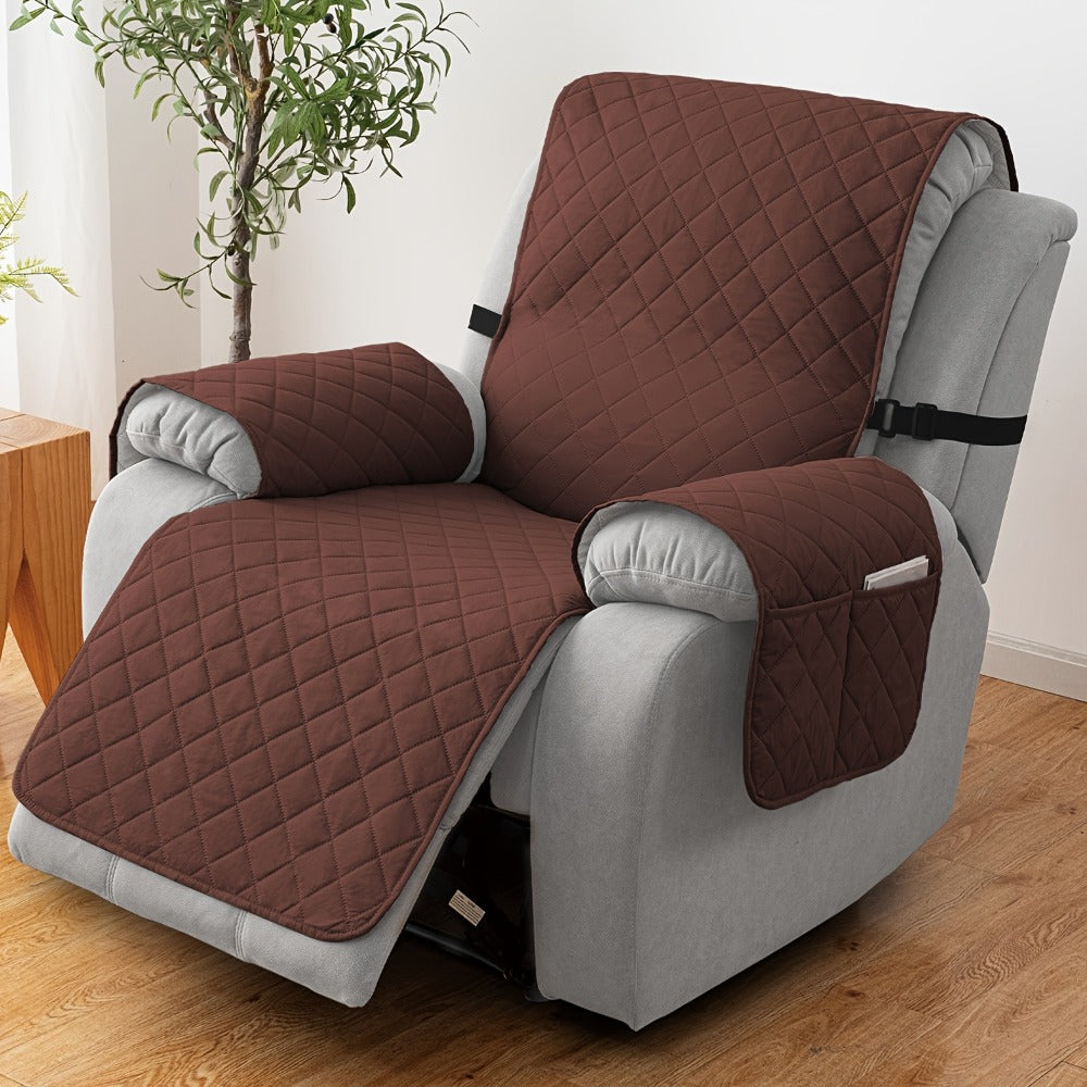 Diamond-Quilted One-Piece Recliner Chair Cover with Side Pocket, Buckle Strap and Eight Colors