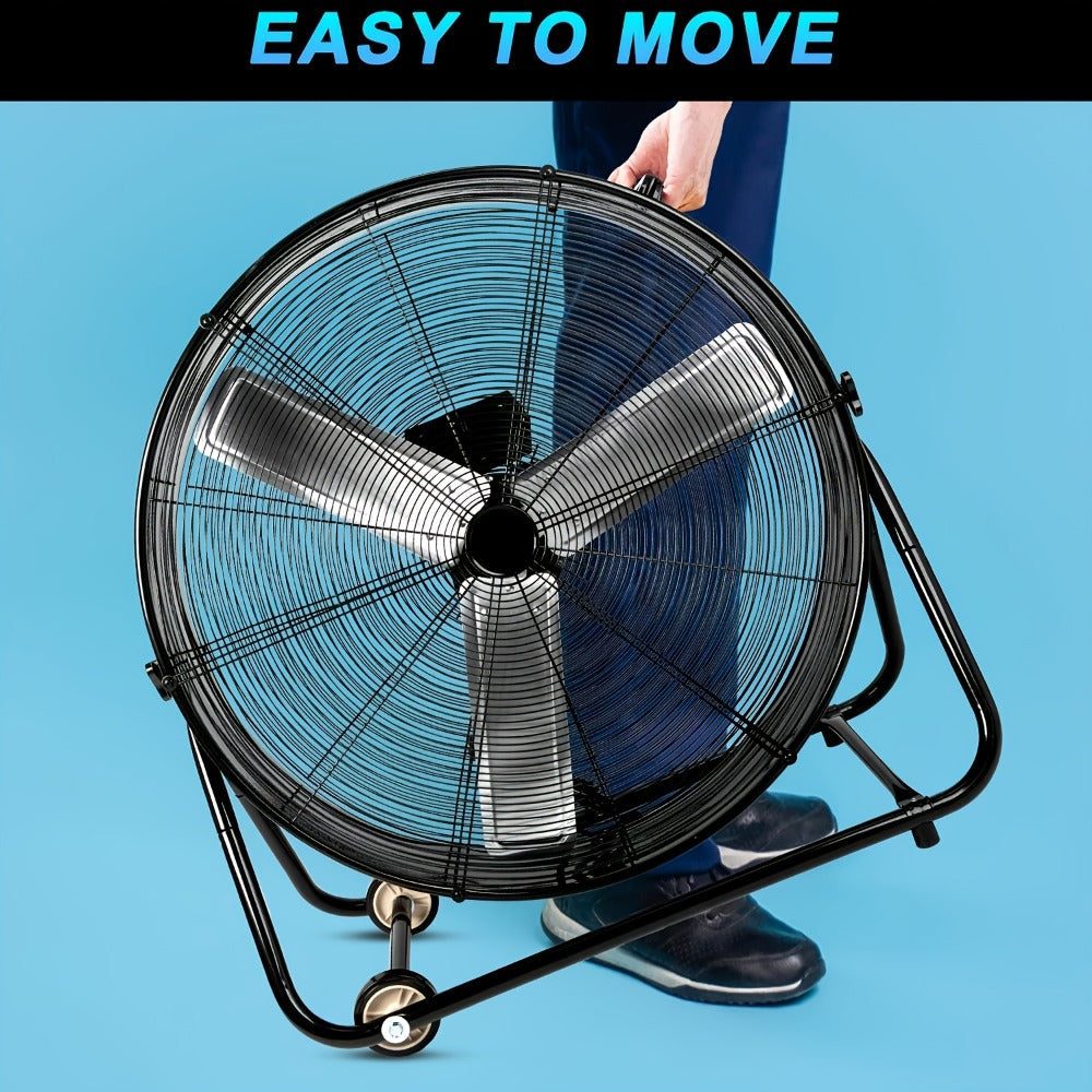 Industrial Floor Fan 24 Inch 9000 CFM Drum Fan 3-Speed 360 Degree Tilt with Casters for Entryways, Bedrooms and Living Spaces