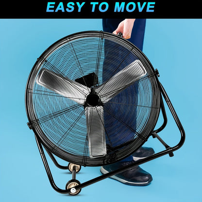Industrial Floor Fan 24 Inch 9000 CFM Drum Fan 3-Speed 360 Degree Tilt with Casters for Entryways, Bedrooms and Living Spaces
