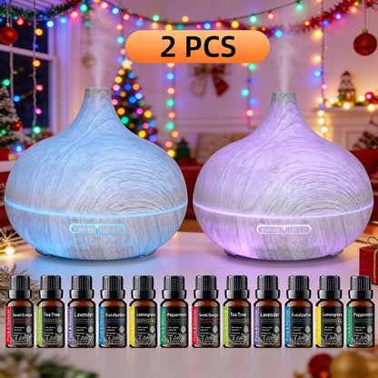 Aroma Diffuser Set 2 Diffusers 6 Essential Oils 550ml Wood Grain Cool Mist Humidifier for Entryways, Bedrooms and Living Spaces