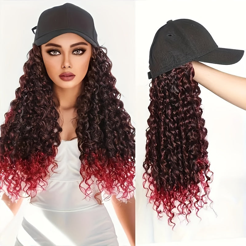 Afro Kinky Curly Baseball Cap Wig for Women 18 Inch Hat and Wig Combo Adjustable Elastic Net Long Synthetic Curly Hair Multi-Color Casual