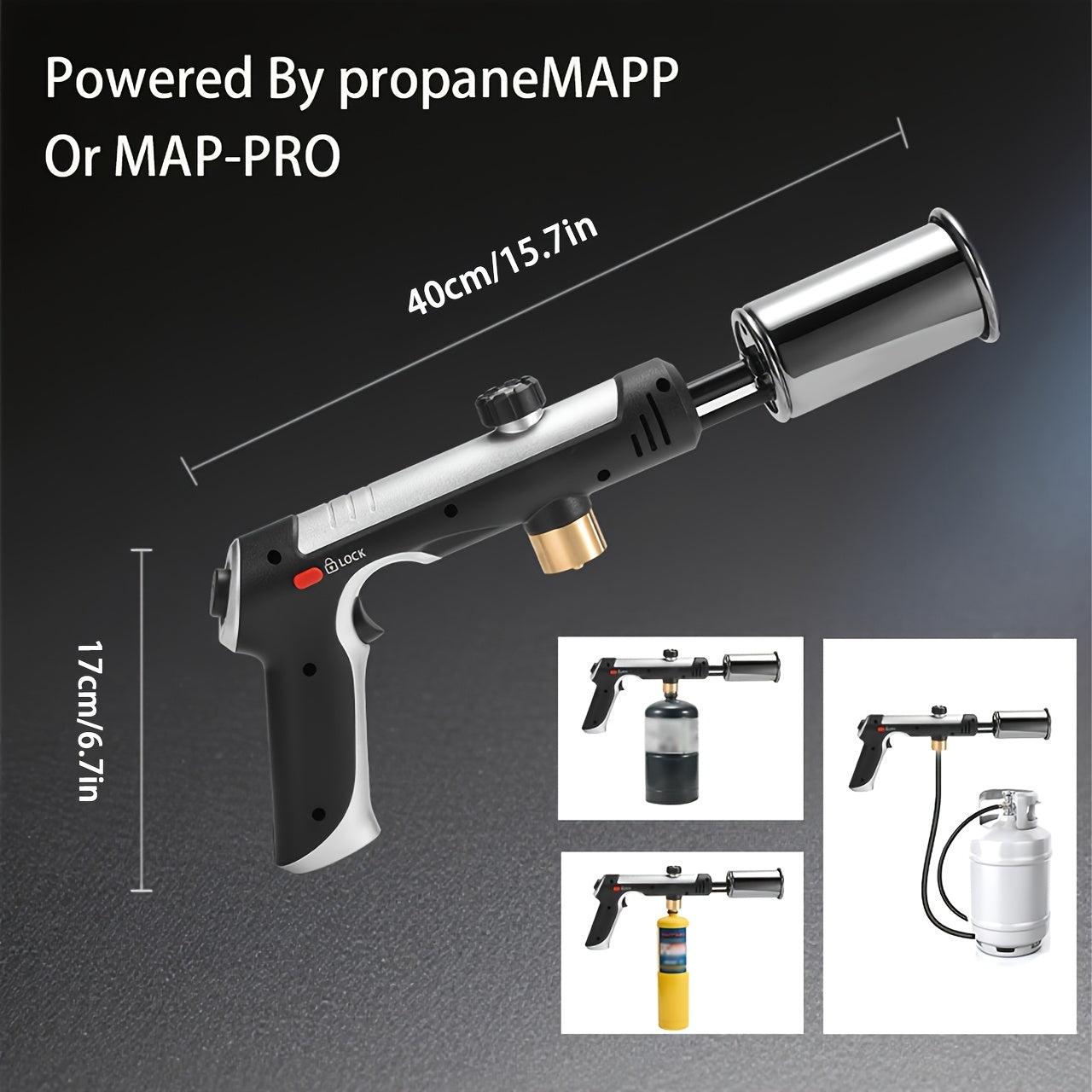 Propane Torch Gun with Safety Lock & One-Touch Max Fire, Adjustable Flame Butane Burner for Searing Steak