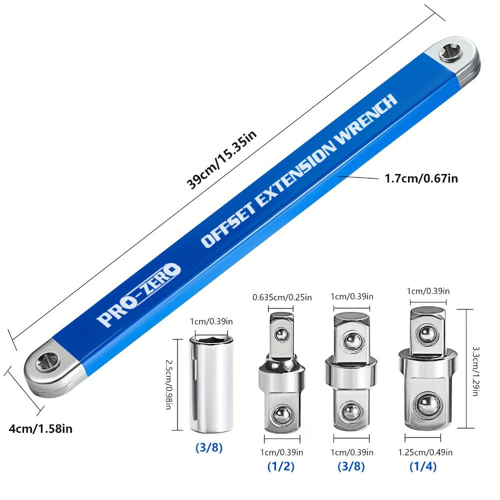 Ratchet Wrench 2-in-1 Offset Extension with 1/4" 3/8" 1/2" Square Head Adapters, 180-Degree Rotation High Torque Non-Slip Handle