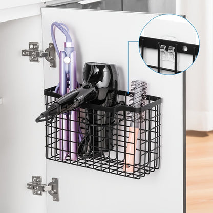 Hanging Hair Tool Organizer with Adjustable Mounting Height, Wire Basket and Black or White Finish