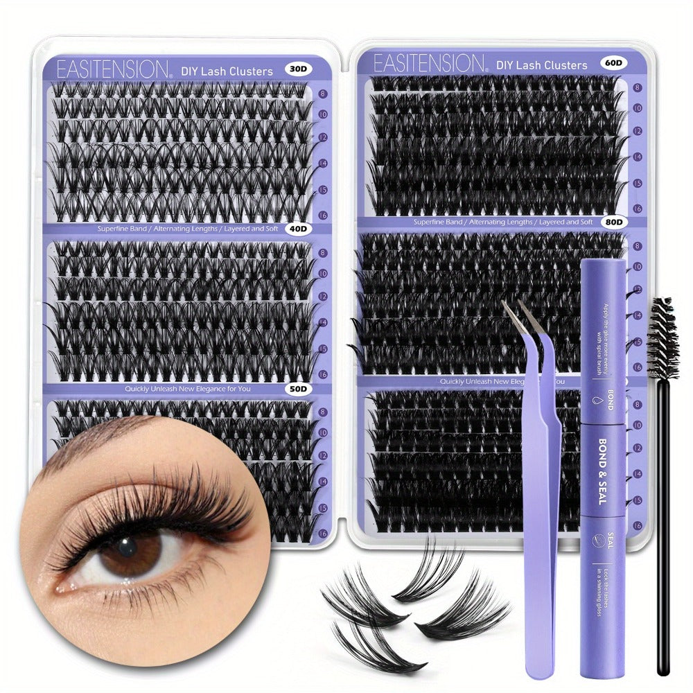 Premade Lash Clusters 708Pcs Mixed Length 30D 50D 80D 100D Wispy Volume Kit – Natural Fluffy DIY Lash Extensions with Bond Seal & Applicator
