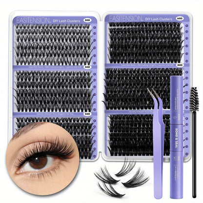 Premade Lash Clusters 708Pcs Mixed Length 30D 50D 80D 100D Wispy Volume Kit – Natural Fluffy DIY Lash Extensions with Bond Seal & Applicator