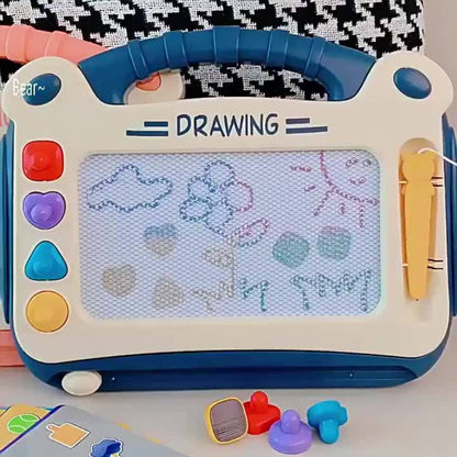 Portable Kids Magnetic Drawing Board with Four Shape Stamps, Tethered Stylus, Carry Handle and Slide Eraser