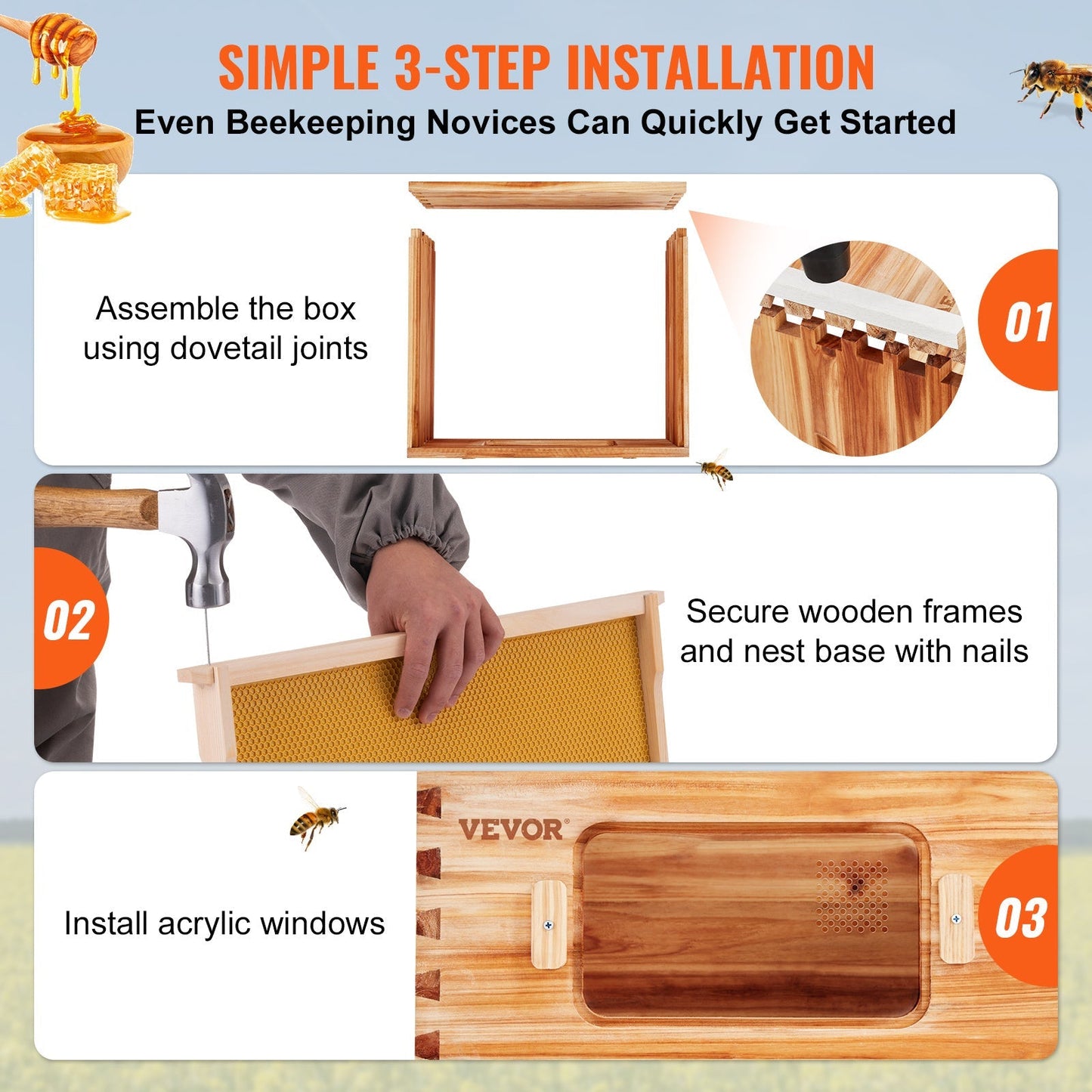 Beehive Kit 10 Frame Cedar Wood Bee Hive with Transparent Windows & Beeswax Coating, for Garden, Yard and Pest Management