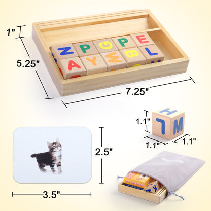 Phonics Word Builder Kit 110+ CVC Flash Cards 10 Letter Blocks Wooden Tray Spelling Matching Game | Learn to Read Toy for Preschool