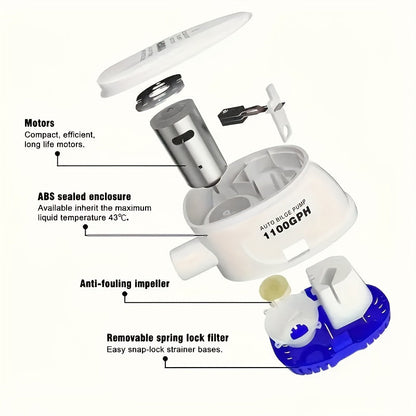 Automatic 12V 1100GPH-Label Bilge Pump with Integrated Float Switch, Side Outlet and Strainer Base