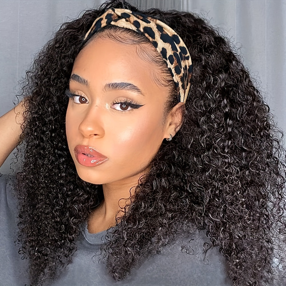 Kinky Curly Headband Human Hair Wig in Natural Color with 14-, 16- or 20-Inch Length Options