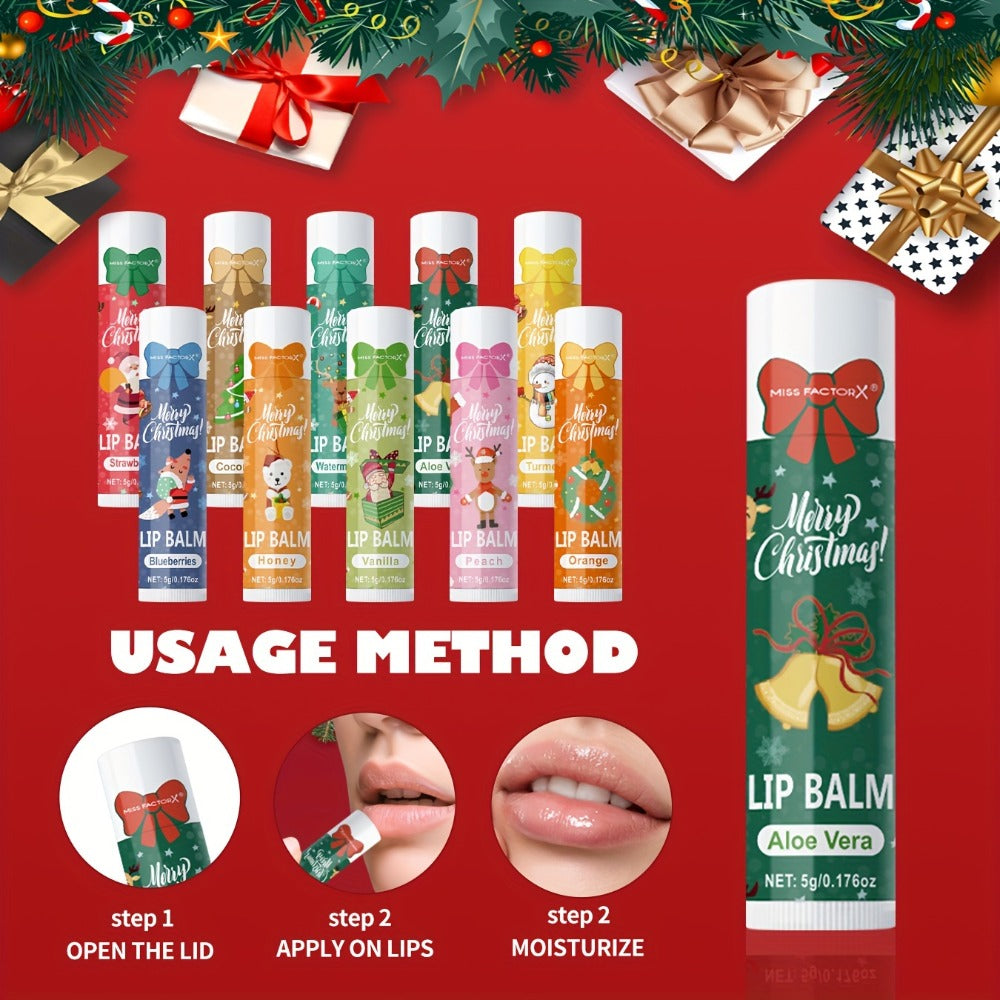 Moisturizing Lip Balm Set 10-Pack with Vitamin E – MISS FACTORX Natural Look Lipstick Collection for Women, Hydrating & Nourishing