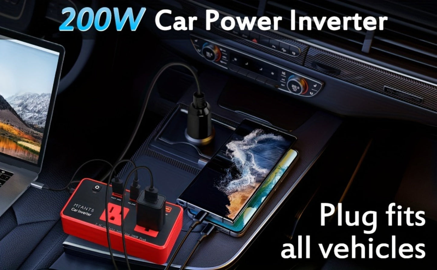 Car Power Inverter 200W – 12V DC to 110V AC, 4 USB Ports (PD & QC 3.0), Fast Charging Car Outlet Adapter for Road Trips
