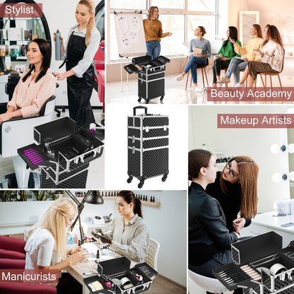 Three-Section Rolling Makeup Train Case with Telescoping Handle in Black or Pink and Sponge Set