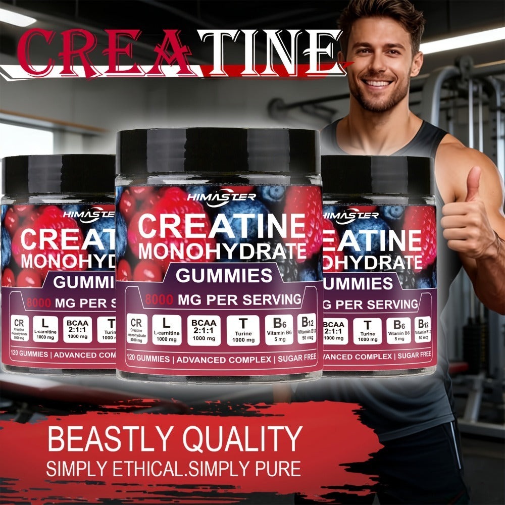 Creatine Monohydrate Gummies 8000mg Blueberry Flavor, with L-Taurine, BCAA, Vitamin B6 & B12