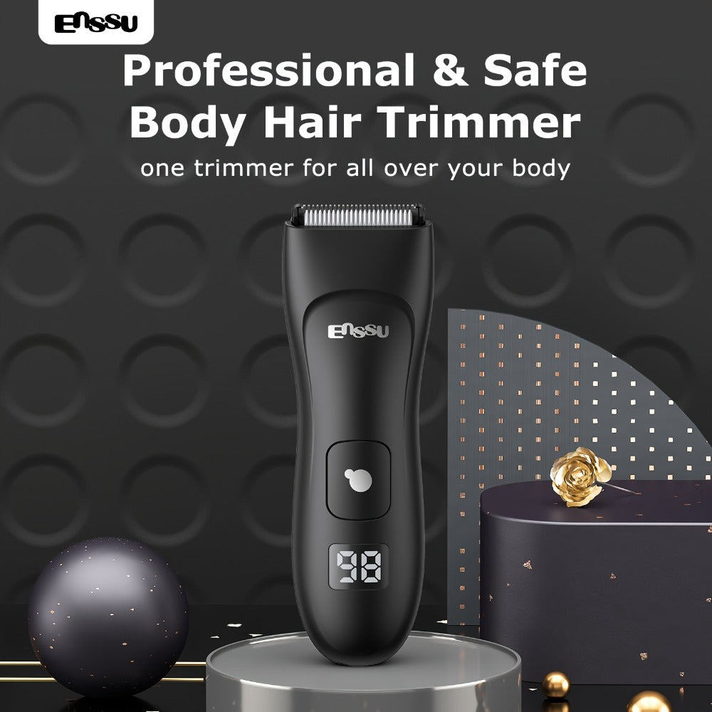 Ceramic-Blade Body Hair Trimmer with IPX7 Rating, LCD Display, Charging Stand and Black Housing