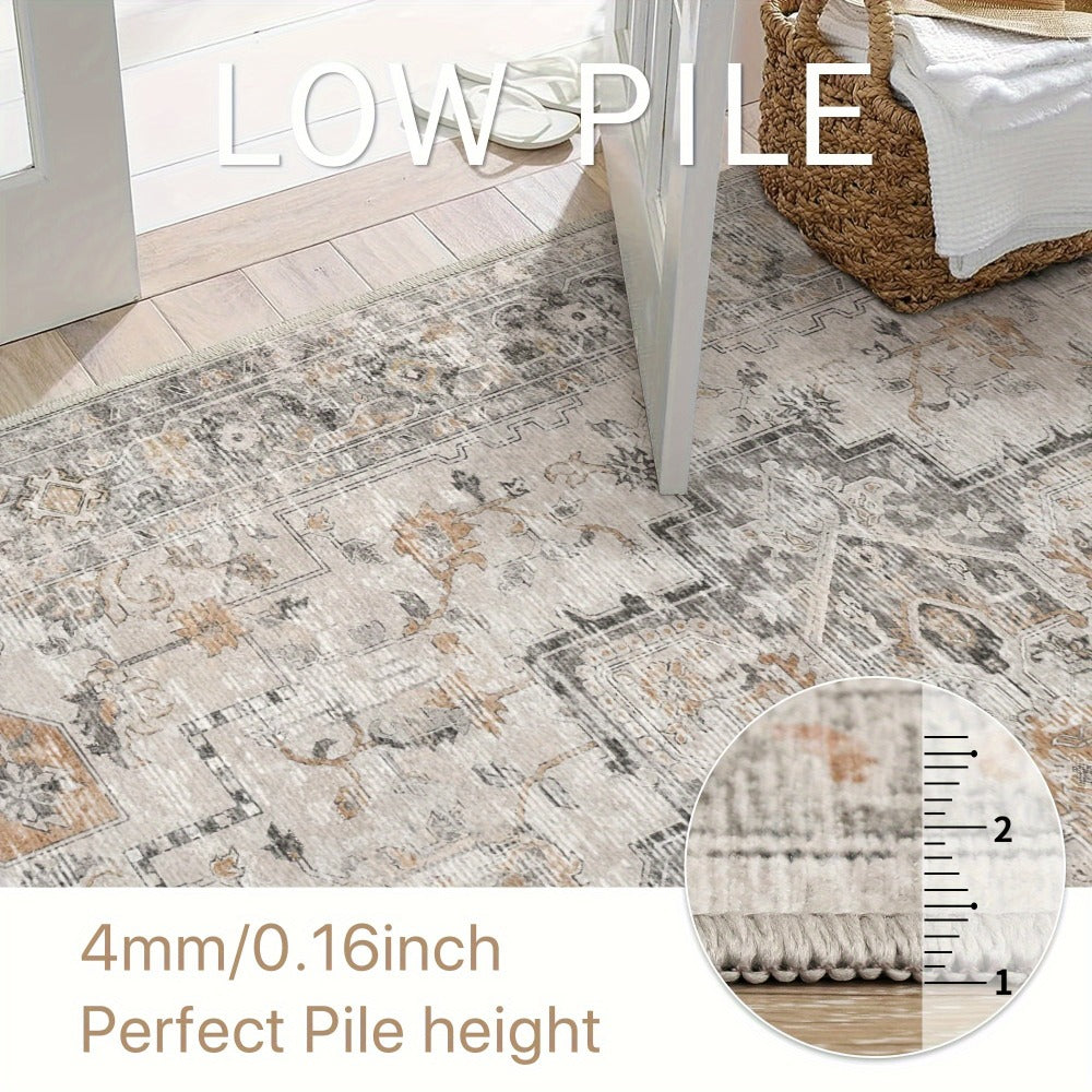 Runner Rug Machine Washable Non-Slip Vintage Hallway Area Rug Low Pile Lightweight Boho Floral for Entryway Kitchen Corridor Light Taupe