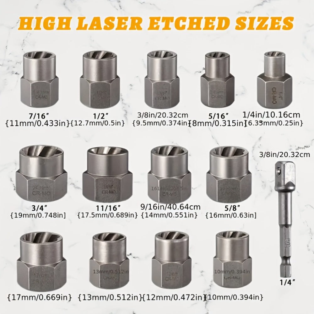 Nut Extractor Kit 14pcs, Damaged Bolt & Nut Remover Set with 13 Stripped Nut Extractors & 1 Hex Socket Adapter