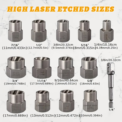 Nut Extractor Kit 14pcs, Damaged Bolt & Nut Remover Set with 13 Stripped Nut Extractors & 1 Hex Socket Adapter