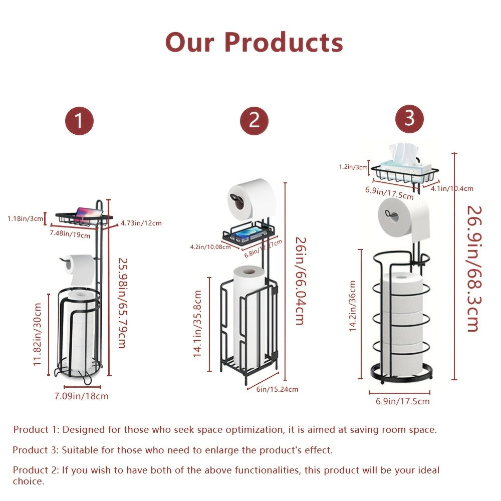 Freestanding Toilet Paper Holder with Round Four-Roll Storage Cage, Upper Shelf and One- or Two-Pack Options