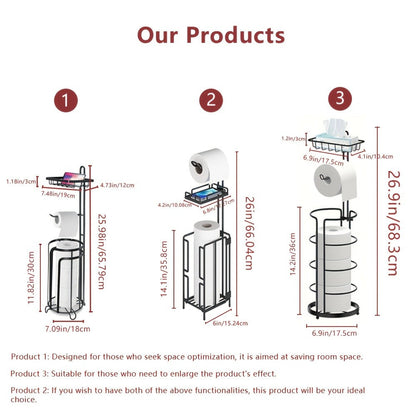 Freestanding Toilet Paper Holder with Round Four-Roll Storage Cage, Upper Shelf and One- or Two-Pack Options