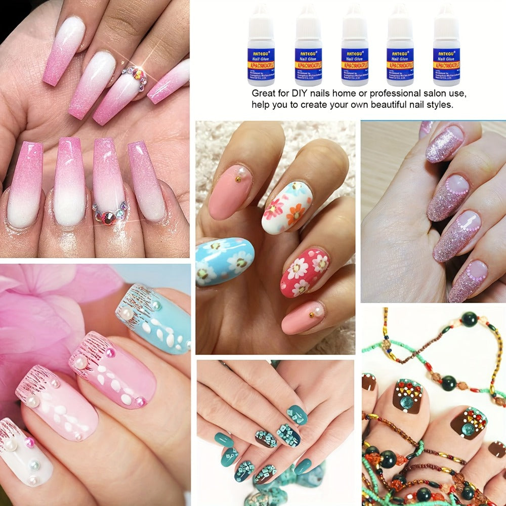 Nail Glue Set, ANTEGU 20 Pointed-Nozzle Bottles for Press-On Nails, Nail Tips, Rhinestones and Nail Repair