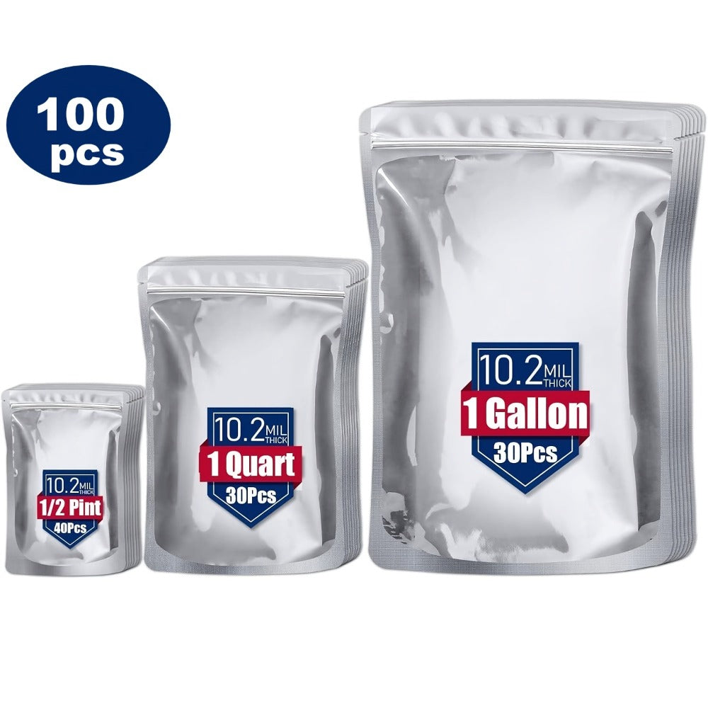 Mylar Bags for Food Storage 100 Pack Resealable 3 Sizes 1 Gallon 10 Mil 1 Quart 8 Mil Half for Entryways, Bedrooms and Living Spaces
